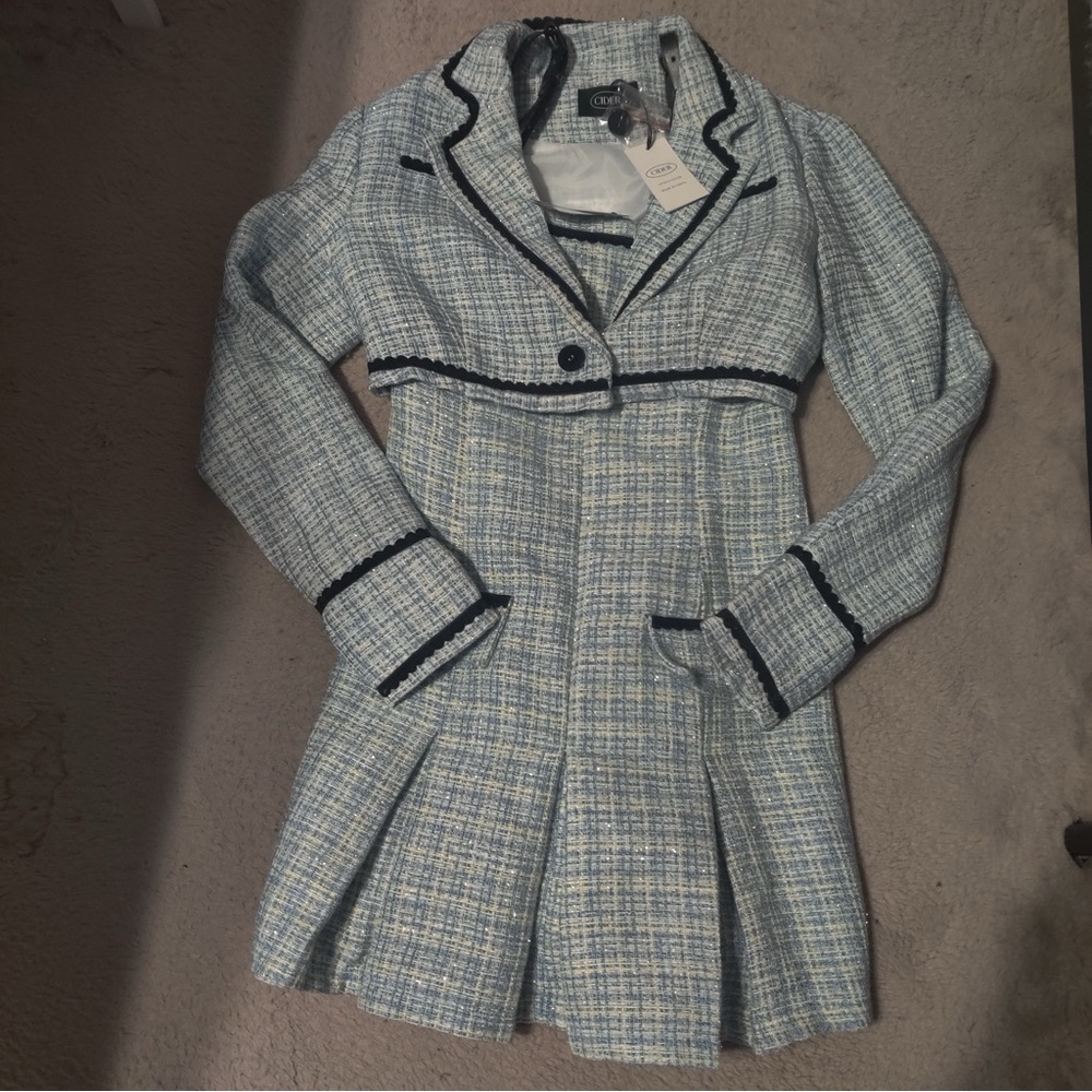 CIDER Lady Blue Pleated Mini Dress & Cropped Blazer Blue Tweed Set Black Trim S - Picture 4 of 14